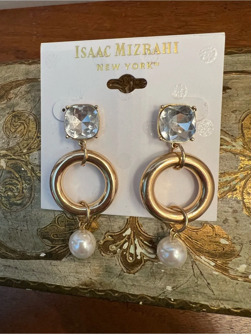 Isaac Mizrahi Gold Dangle Earrings with Clear Crystal Studs and Pearl Drops NWT